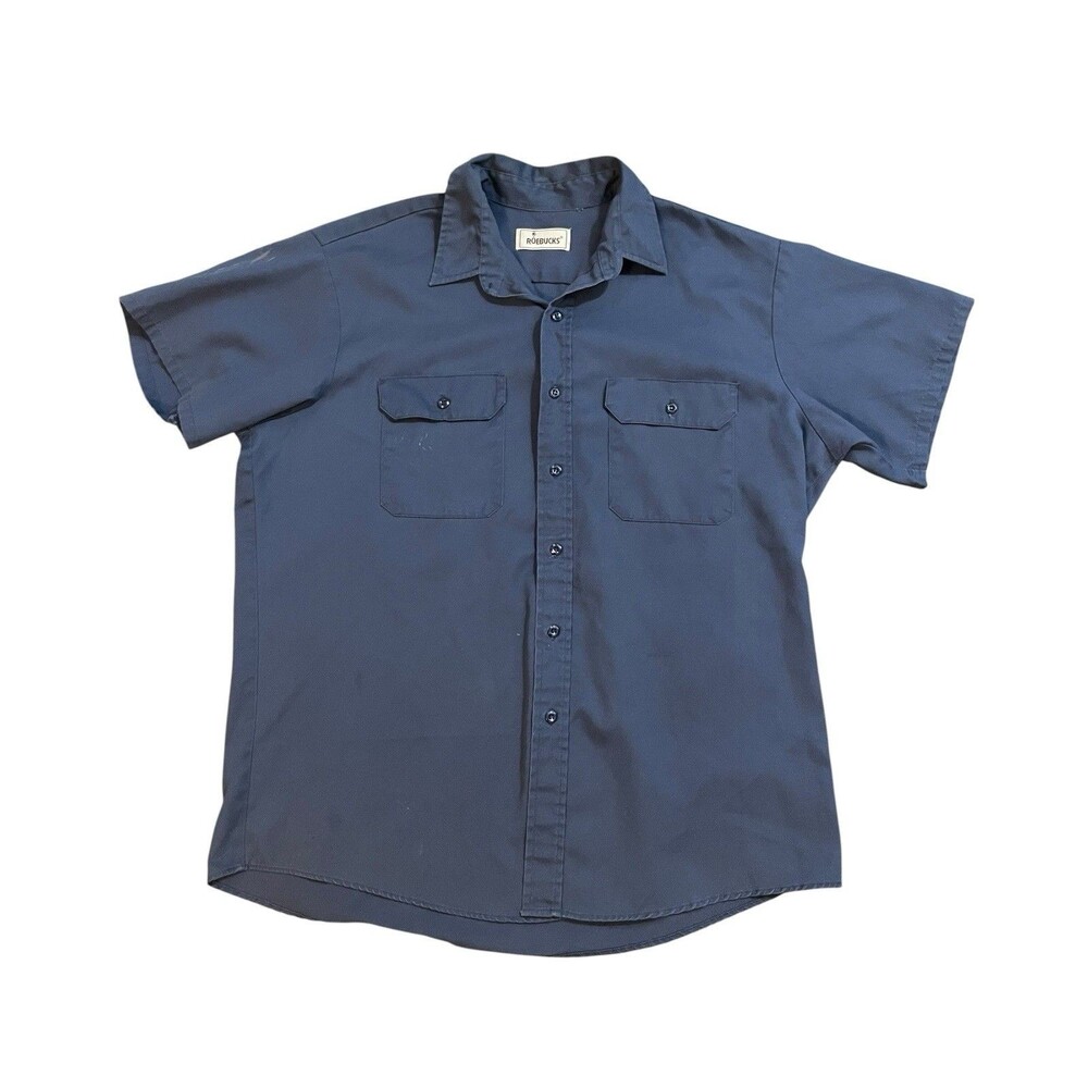 Vintage 80s 90s Roebucks Navy Blue Short Sleeve Work Shirt Size XL Made In USA